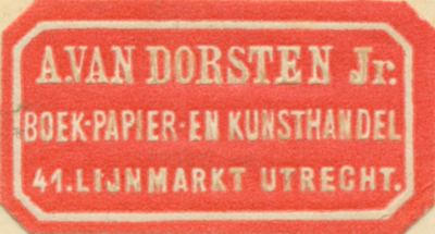 710193 Boeketiketje van de Boek-, Papier- en Kunsthandel A. van Dorsten Jr., Lijnmarkt 41 te Utrecht. In reliëf.N.B. ...